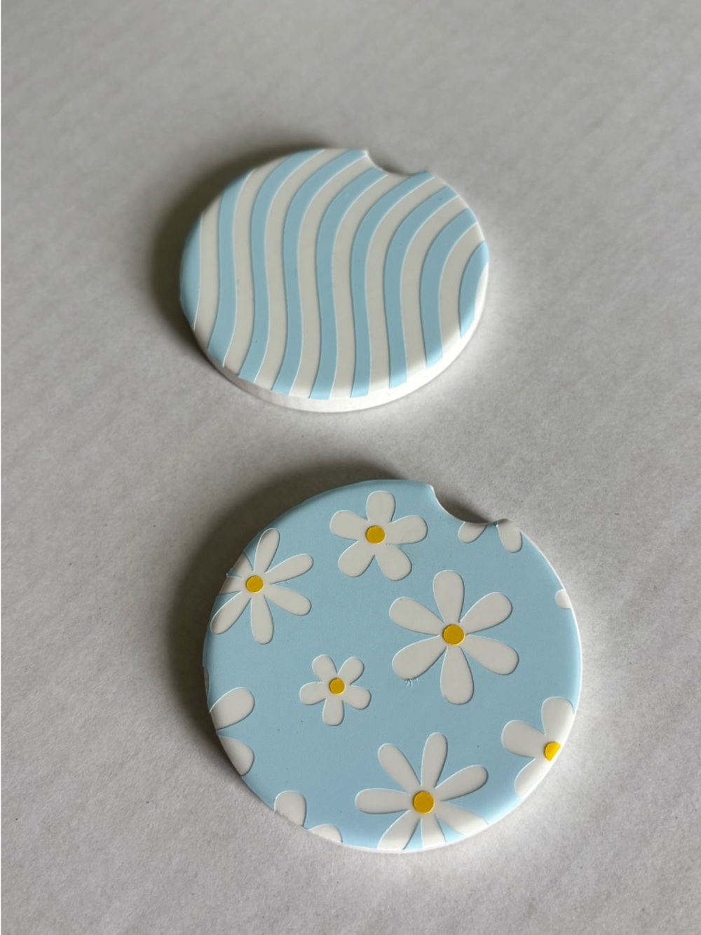 Handmade Ceramic Car Coasters | Blue Daisy & Wavy Stripe Set